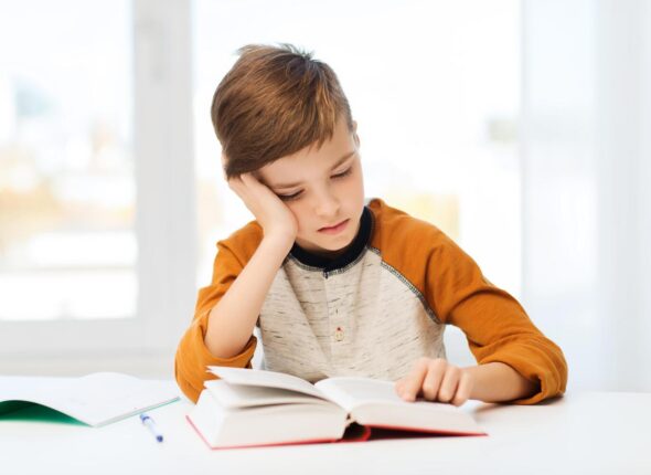 student boy reading book or textbook at home