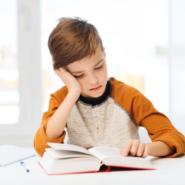 student boy reading book or textbook at home